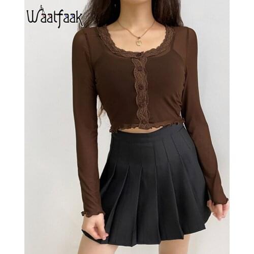 Waatfaak Brown Button Up Patchwork See Through Mesh Top Lace Long Sleeve Summer Sexy Street Crop Top T Shirt Slim Clubwear 2021