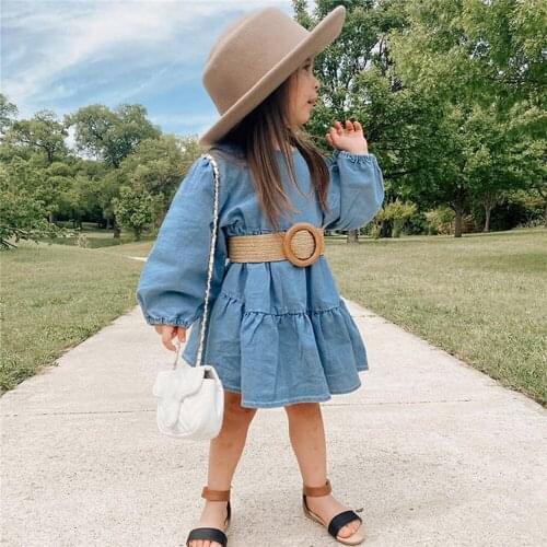 Baby Girl Fashion Blue Denim Dress with Belt Waistband 1-6Y Toddler Kids Spring Fall Casual Long Sleeve Crew Neck Dresses Outfit