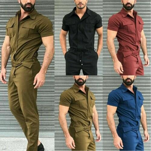 Fashion Men Short Sleeves Cotton Jumpsuits Rompers Overalls Cargo Pants Trousers