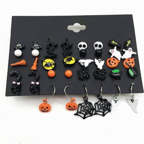 Christmas Halloween Stud Earring Set Women Bat Pumpkin Lamp Spider Web Skeleton Ghost Cross Pendant Ear Studs Wholesale Jewelry