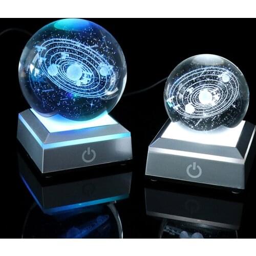 New 6/8cm K9 Crystal Solar System Planet Globe 3D Laser Engraved Sun System Ball with Touch Switch LED Light Base Astronomy Gift
