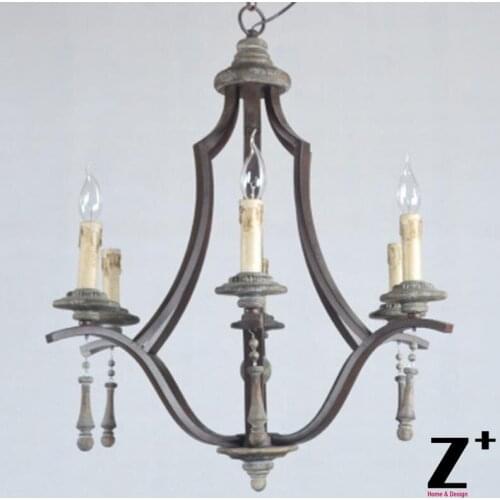 New arrive Six Lights Elegant Line Vintage Wood and Iron Chandelier Free Shipping