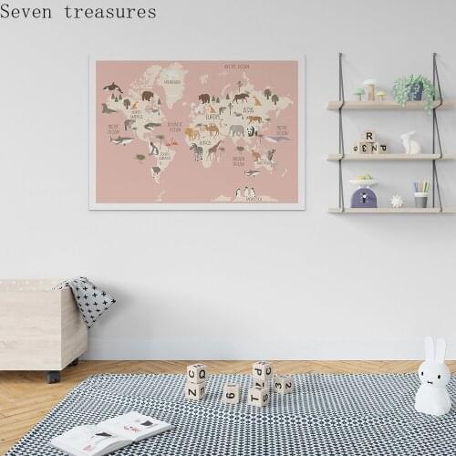 Educational Animal World Map Picture Children Poster Nursery Wall Art Canvas Home Decor Print Painting Baby Kid Bedroom Playroom