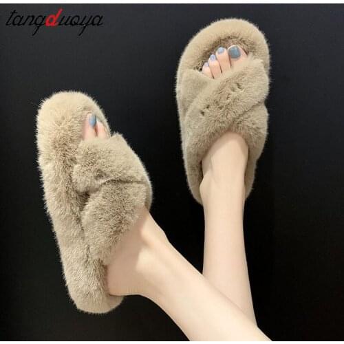 Fluffy Home Slippers Women Faux Fur Slippers Cozy Furry Slides Open Toe Slip on Soft Slippers House Floor Plush Warm Shoes 42