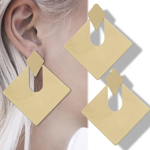 Art Deco Gold Flat Rhombus Geometric Metal Celebrity Ear Studs Earrings Hip Hop Gift Punk Rock Runway Celebrity Drop Dangle