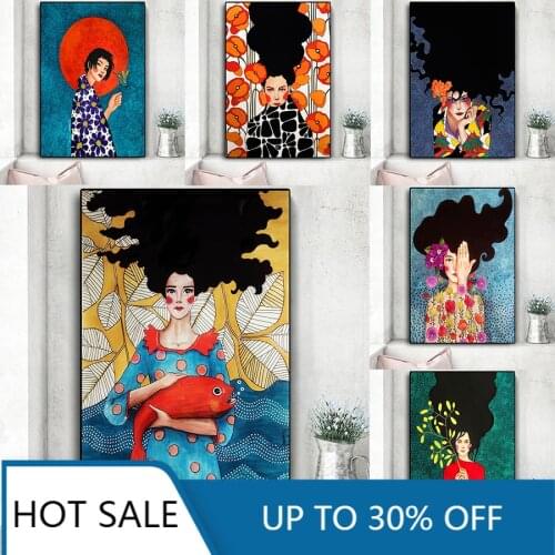 Nordic Wall Art Canvas Painting Poster Vintage Abstract Girl Hair Flower Women Fashion Pictures for Bedroom Home Decoration