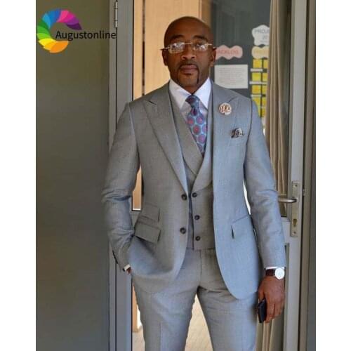 Customized Grey Groom Tuxedos Men Suit 2018 Terno Masculino Peaked Lapel Man Suit Mens Wedding Suits 3 Pieces Jacket Pant Vest