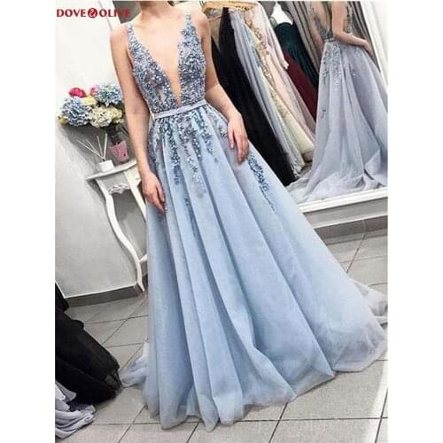 Light Blue A-Line Prom Dresses 2020 V-Neck Appliques Formal Party Long Backless Elegant Women Evening Dresses vestidos de gala