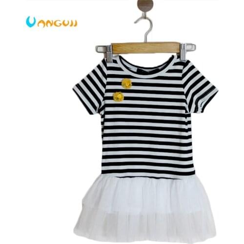 1-4 years old Girls Dresses Top Quality Black and white stripes Short Sleeve Flower Kids Girl Dress all match princess dress