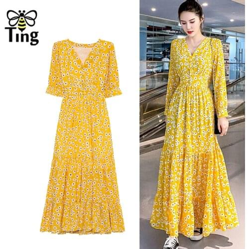 Tingfly Vintage Fashion Daisy Floral Print Summer Chiffon Casual Long Dress Women Streetwear Button Up Vestidos Robes Holiday