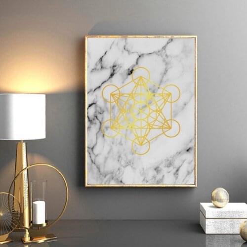 Gold Metatron Cube Marble Wall Art Canvas Painting Golden Sacred Geometry Print Fruit of Life Art Poster Home Wall Art Decor