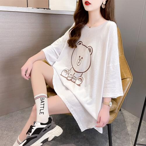 #1175 Long T Shirt For Women Summer T Shirt For Girl Cotton Cartoon Bear Printed T Shirt Female Short Sleeved Loose T Shirts