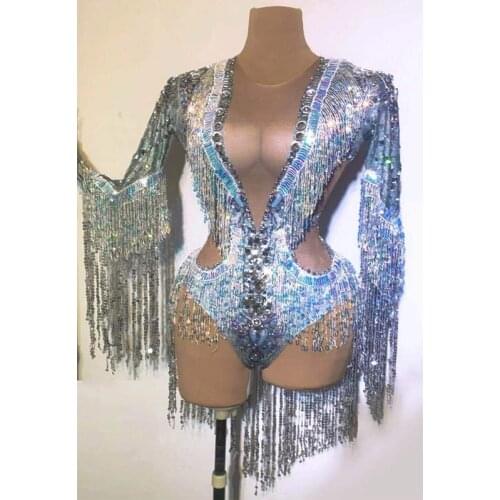 2021 Sequin Fringe Dress Sexy Bodysuit Backless Short Dress Nightclub Bar DDJ DS Stage Costumes Party Dress Festival Outfits