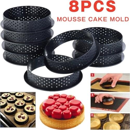 8pcs DIY Non-stick Cake Tart Mold Perforated Cutter Round Mousse Circle Ring Reusable Non-stick Tart Decor Baking Molds