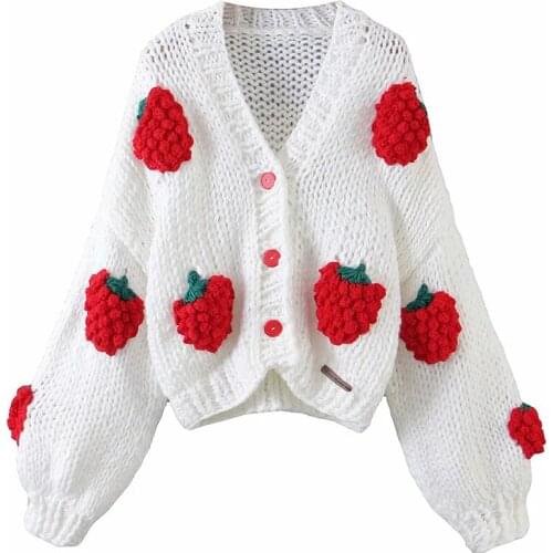 Aonibeier 2021 Za Hand Made Chunky Knit Cardigan Traf Autumn Woman Casual Sweaters Cute Strawberry Drop Shoulder Loose Crop Tops
