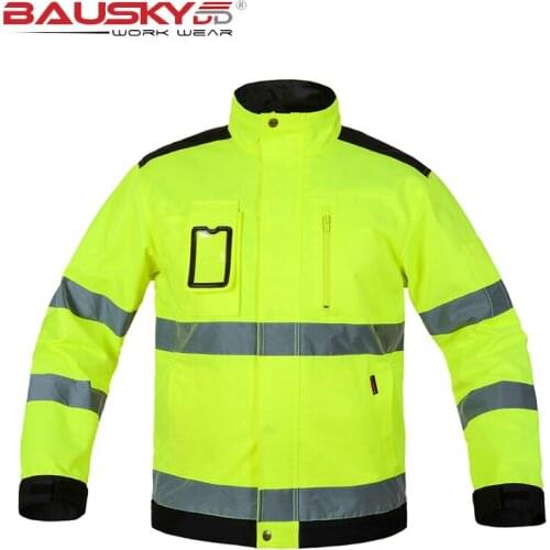 Bauskydd Work Jacket Men hi vis Jacket Fluorescent Yellow Night Safety Reflective Coat Cargo Workwear With Zip Pockets