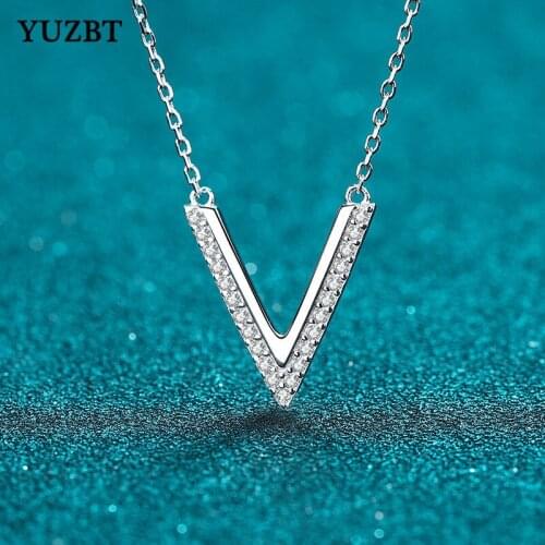 YUZBT 18K White Gold Plated 0.19 ct Excellent Cut Gemstone V Shape Pendant Necklace Diamond Test Past D Color Moissanite Chain