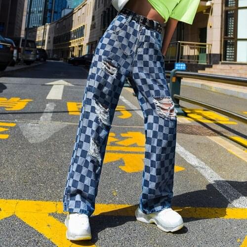 Plaid Ripped Jeans Women Trouers High Waist Thin Straight Casual Denim Pants Pantalones Mujer Fashion Vintage Streetwear T5505