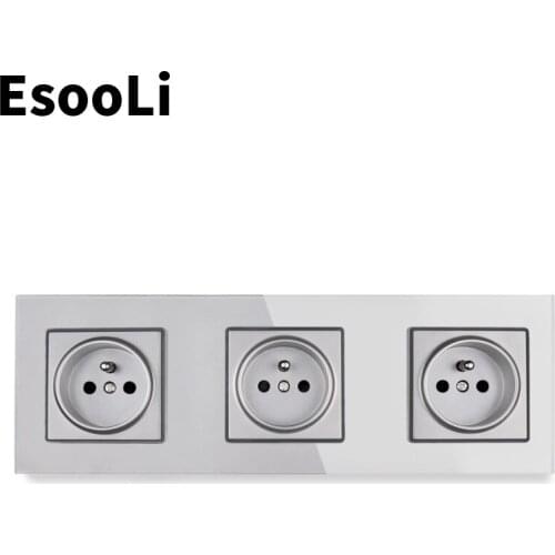 Esooli Grey Crystal Glass Panel French Standard Wall Socket 258*86mm Power Socket Plug Grounded 16A Electrical Triple Outlet