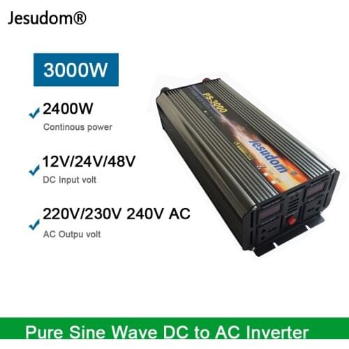 JESUDOM 3000W Pure Sine Wave Inverter Surge Power 4800W DC12V24V48V to AC220V230V240V with AC Charger or UPS Function