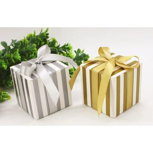 Free Shipping 50 X Gold/Silver Stripe Candy Box Square Birthday Gift Box Wedding Party Deco Supply