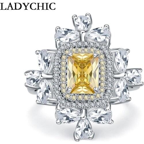 LADYCHIC New Arrival 2ct Princess Cut Yellow Crystal Ring Paved Micro Cubic Zircon Luxury Big Ring Wife / Mother Gift LR1073