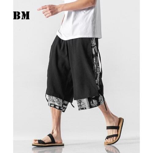 Summer thin fake two-piece cropped trousers men Chinese style cashew print loose plus size sports casual beach pants men clothes