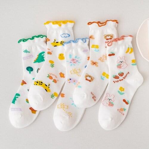 Japanese Womens Kawaii Socks Cute Bear Rabbit Cat Cartoon Animal Socks 1 Pair Ruffle Socks Pint Socks Cotton Frilly Socks
