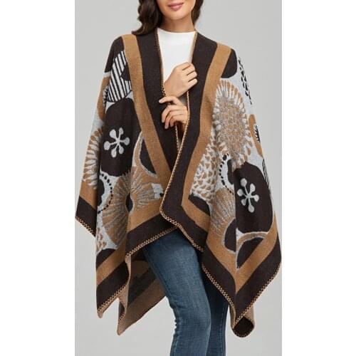 2021 New Fashion Shawl Wraps for Women Vintage Pattern Open Front Poncho Cape Soft Comfortable Cardigans Female Sweater Coat