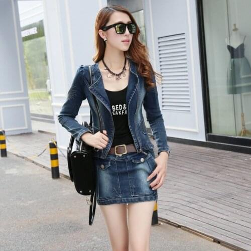 2019 autumn new womens Set high-quality cowboy fashion hot diamond womens jacket + fashion sexy denim skirt two piece set A435