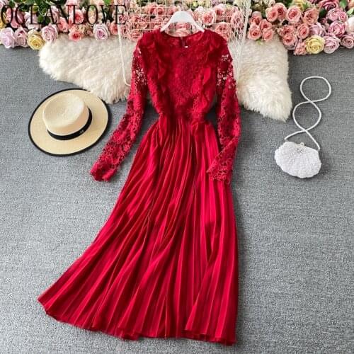 OCEANLOVE Lace Vestidos Elegant Solid Autumn Winter Hollow Out Long Dresses Pleated 2021 Korean Chic A-line Women Dress