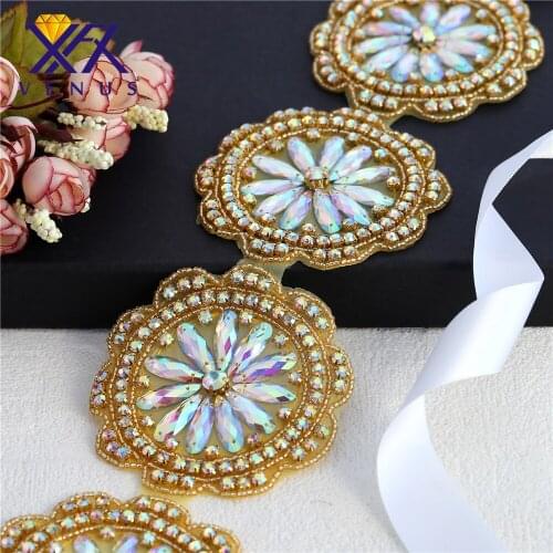 XINFANGXIU Wholesale gold flower pattern dazzling applique with AB rhinestone crystal for DIY dress garment