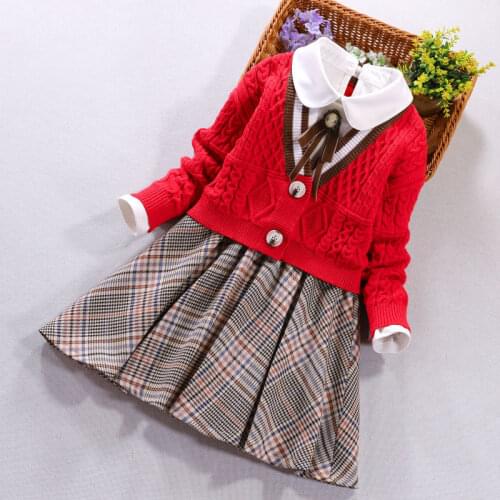 2020 Autumn Winter Kids Girl Clothes Set Red Cardigan Sweater Coat And Long Sleeve Plaid White Dress 2 Piece Set Girls Clothing
