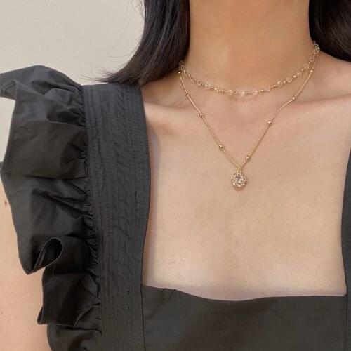 Simple Pearl Bead Chain Choker Necklace Double Layer Crystal Pendant Necklace Women Fashion Jewelry Weddings Party Accessories