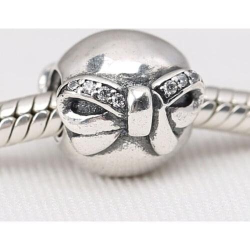 S925 DIY Jewelry Dainty Bow Clips Stoppers Charm fit Lady Bracelets & Bangles Crystals Lady Clear CZ
