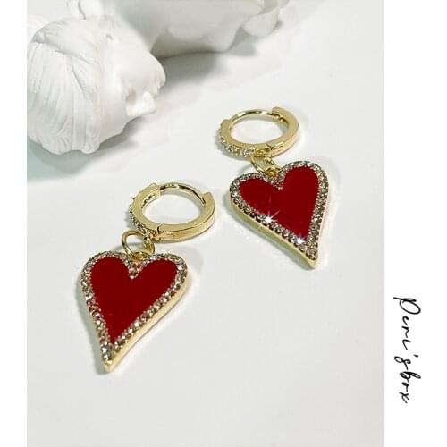 PerisBox Romantic Girl Enamel Red Heart Hoop Earrings Sweet Cz Stone Red Heart Huggie Earrings Hoops Daily Jewelry 2021 New