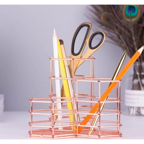 Hexagon combination pen holder Golden wrought iron storage tube tabletop debris storage basket office accessories Pen Holders