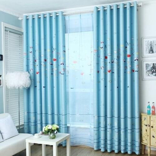 Blue Ocean Sea Fish Printed Curtains for Children Kids Boys Bedroom Study Tulle Sheer Curtain Cartoon Window Drapes JS09B