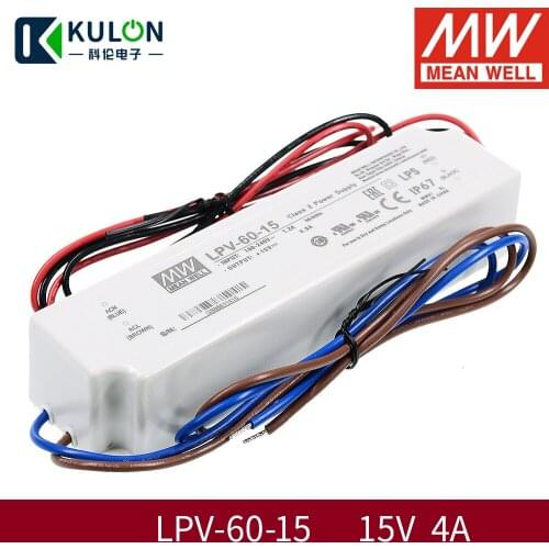 Taiwan Meanwell IP67 Constant Voltage Led Driver Switching Power Supply Lpv-60-15 60W 85-264VAC To DC 15V 4A Source Transformer