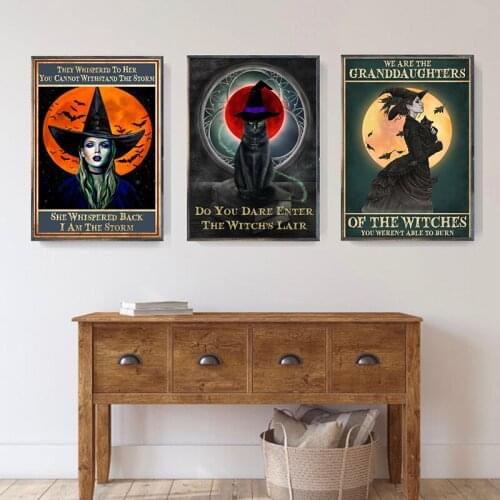Witches Beautiful Girl Black Cat Vintage Posters Prints Girls Inspirational Quote Canvas Painting Witchery Woman Wall Pictures