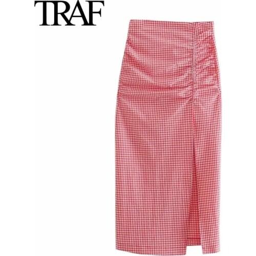 Traf Za Women Clothing 2021 Chic Pleated Mid Length Skirt Vintage Sexy Midi Skirt Korean Hight Wais Straight Tube Plaid Skirt