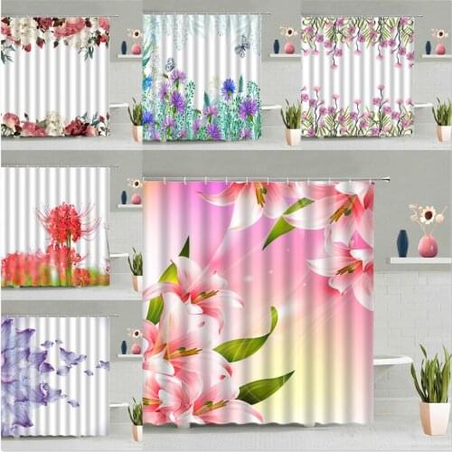 Pink Lily Shower Curtain Plant Floral Green Leaf Curtains Garden Flower Printed Bathroom Decor Girl Room Waterproof Bath Screen