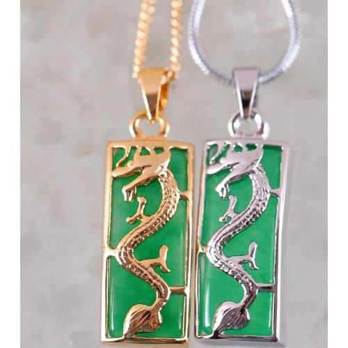 Women Jewelry 10X25MM Dragon Rectangle Natural Stone Green Jades Pendant For Necklace RK286