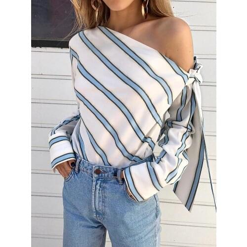 2020 new Women One Shoulder Tops Striped Long Sleeve Blouses Bow Casual Elegant Office Ladies Blouse Female Sexy Shirts Fashion