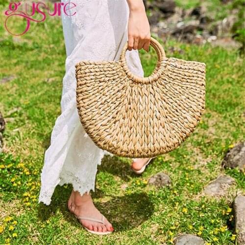 Gusure Summer Corn Straw Handbag Women Hand-Woven Art Semicircle Beach Travel Bags Round Handle Handbags for Girls Totes 2 Sizes