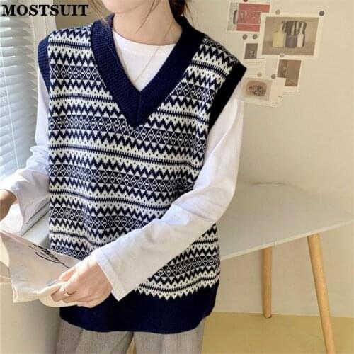 Vintage Loose Striped Knitted Sweater Vest Women Sleeveless V-neck Pullover Tops Korean Casual Chic Female Jumpers Vest 2021