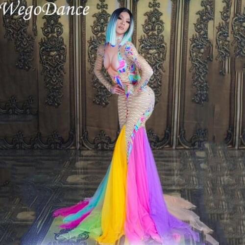 Women Sexy Long Colorful Big Stretch Costume Stage Dance Wear See Through Evening Birthday Celebrate Dress