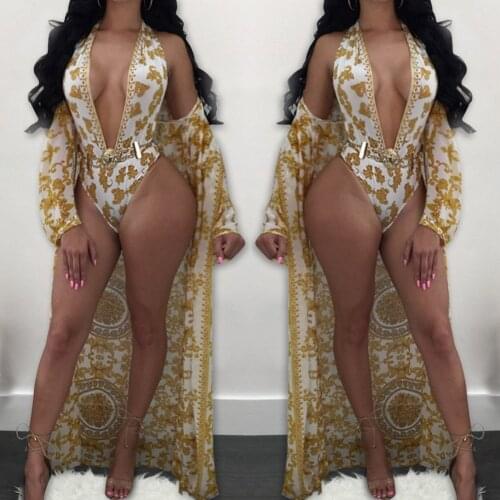 Womens Sexy Long Beach Dress Split Swimsuit Two Pieces Summer Beach Monokini Print Bikini Cover Up