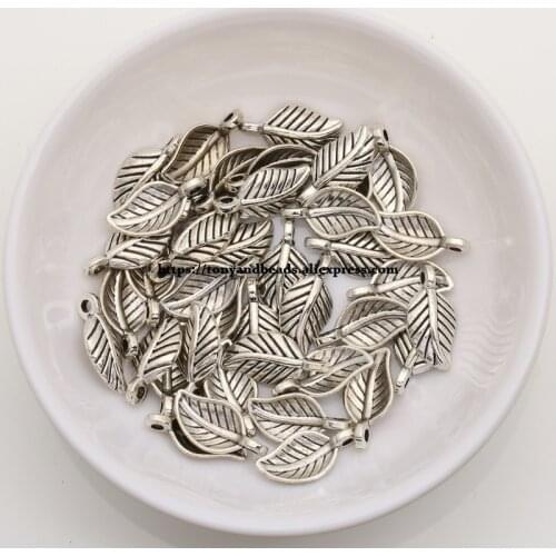 50Pcs/Lot) Zinc Alloy Tibetan Silver European Charm 3D Leaf-Shape Pendant Size 14x7mm ZN7729B