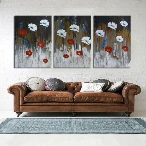 Pure Hand Painted Oil Painting On Canvas Home Decor 3 peice Abstract White and Red Flower Decorative Wall Pictures Art